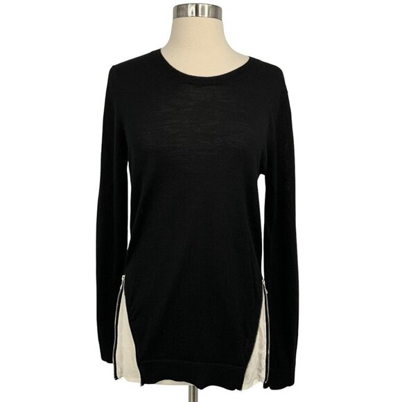Sandro Paris Merino Wool Sweater Black Size 2 / S Silk Details Zipper Pullover - Picture 1 of 13